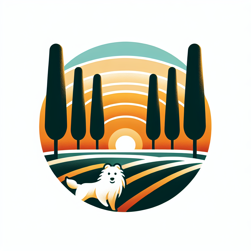 A naïf, simple logo: five cypress trees in a row on a flat field with a beautiful sunrise behind and a small white smiling Bosnian Tornjak peeking out from behind one of the trees